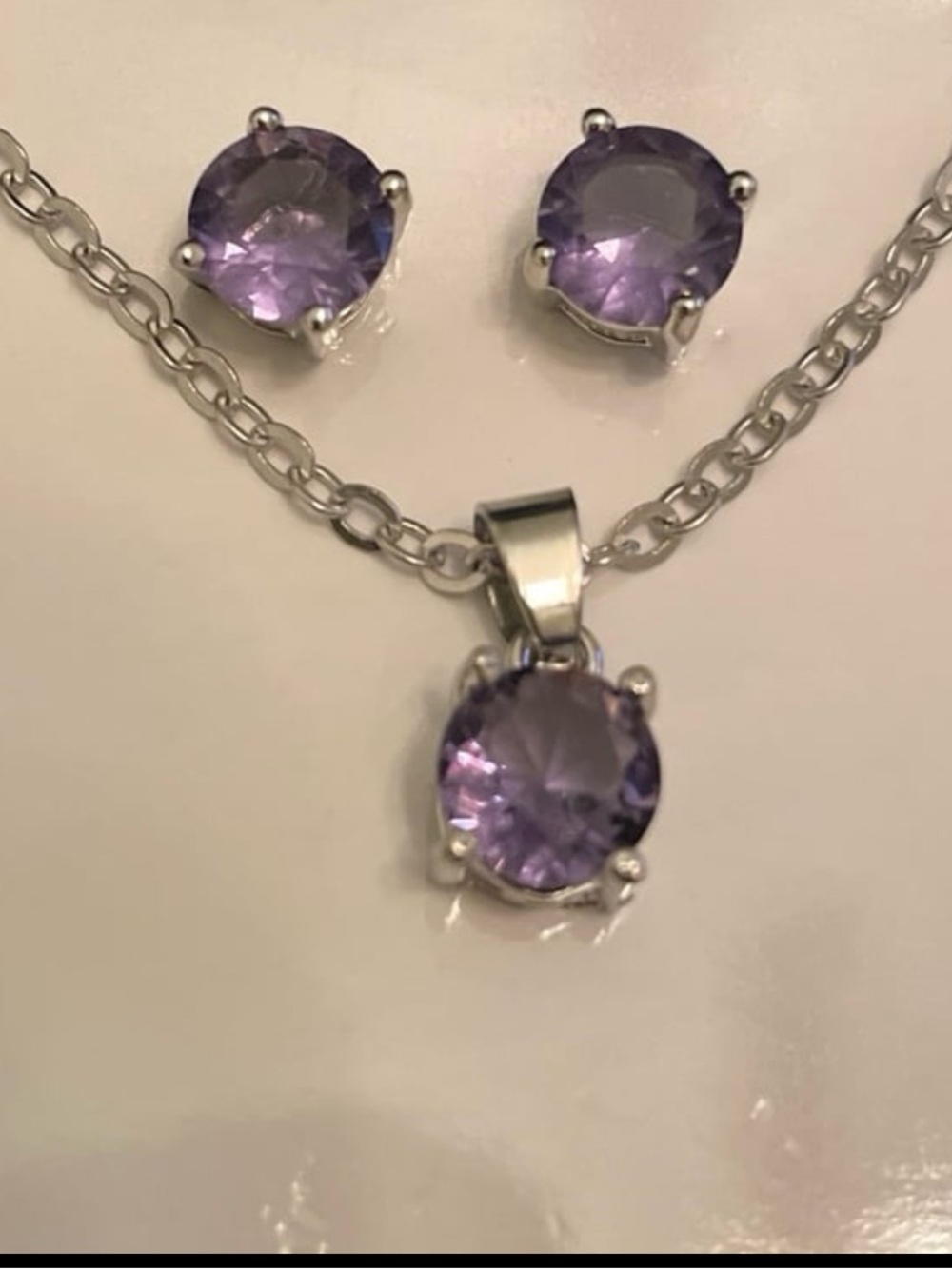 Sterling Silver Purple Crystal Pendant Necklace and Stud Earrings Set
